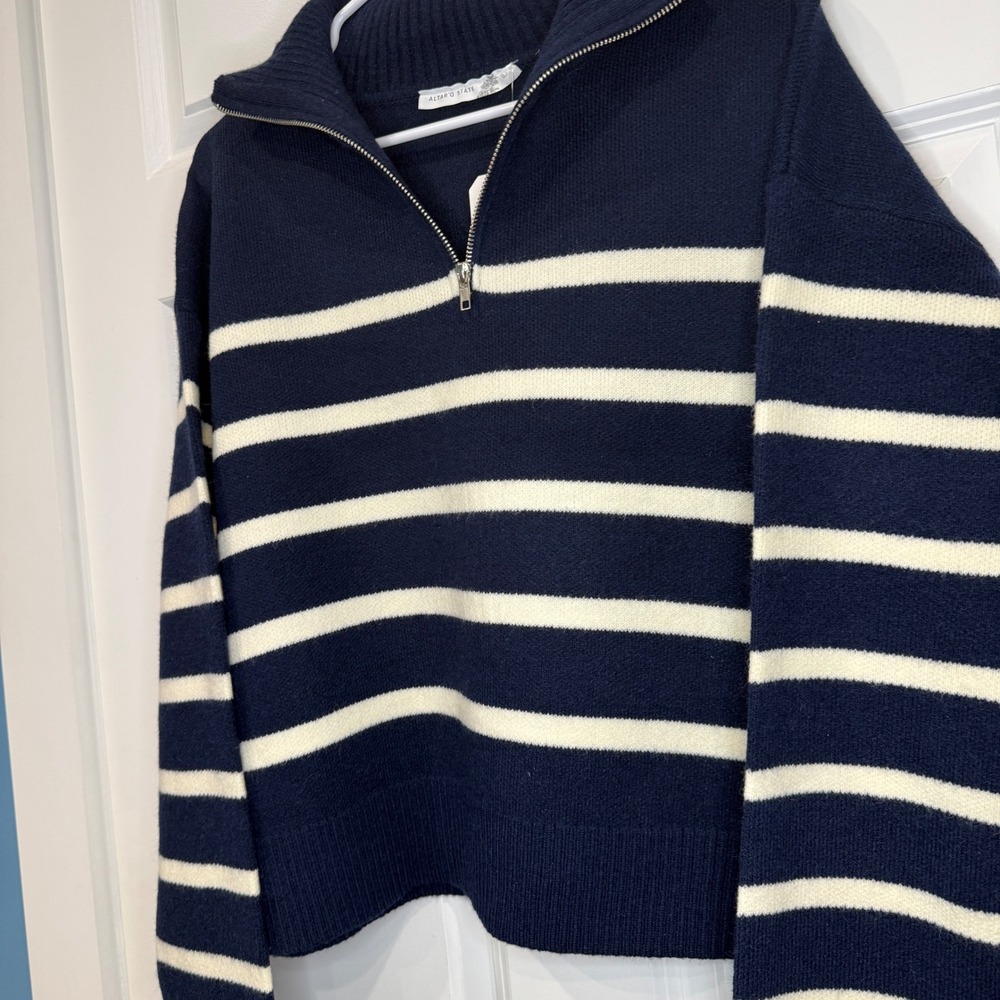 Altar'd State Navy Cream Striped Quarter Zip Sweater Mock Neck Size Large - Picture 3 of 5